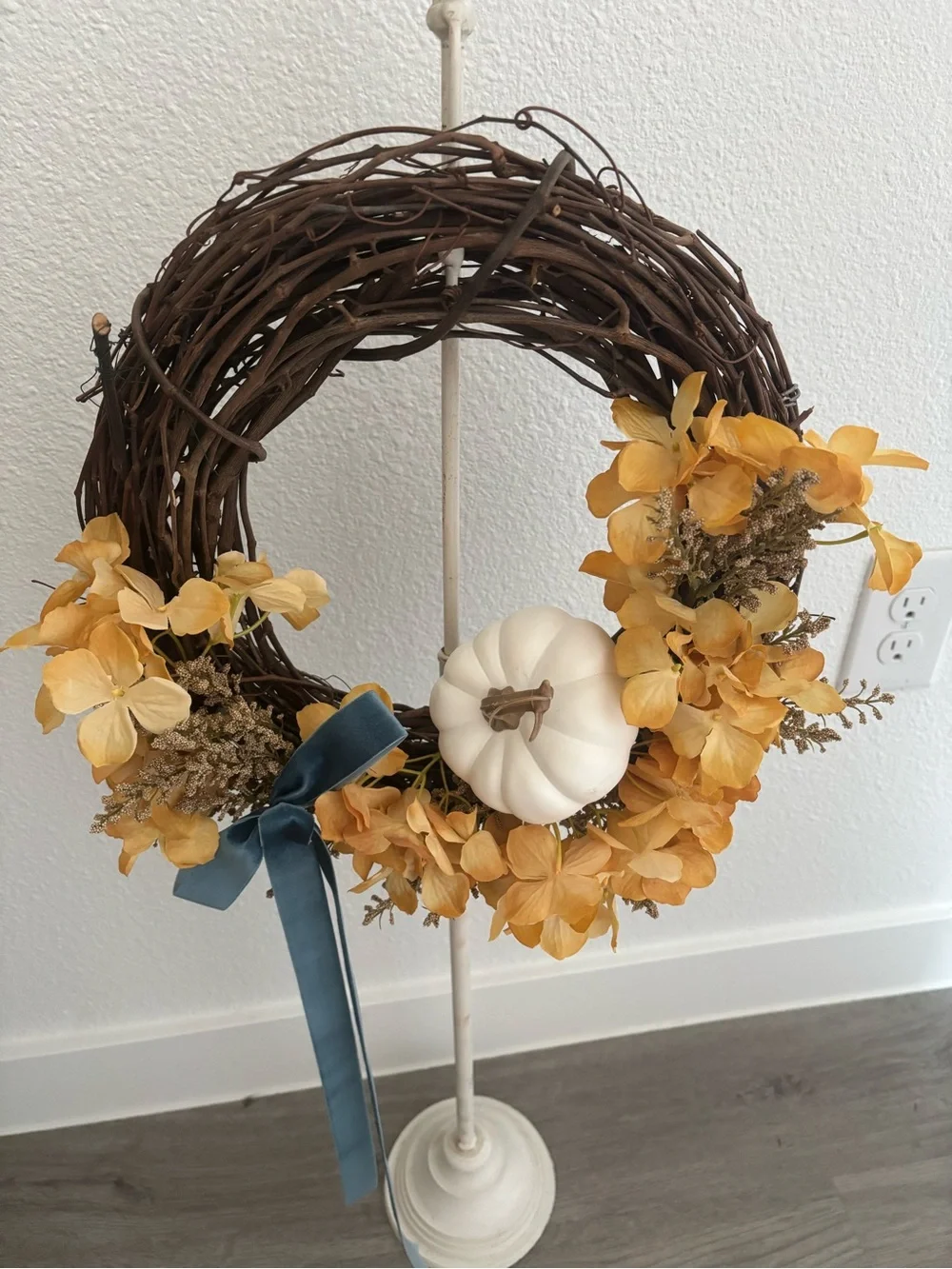 Autumn Hydrangeas Fall Harvest Wreath Pumpkin w/Blue Med Sized Custom Final Sale